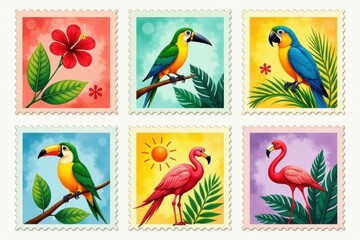 Obraz premium Tropical Birds Vintage Stamp Set: Parrots, Flamingos Illustration
