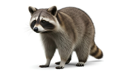 Obraz premium Raccoon standing isolated on white background with realistic fur detail, showing North American wildlife, fauna concept, wild animal, and nature.