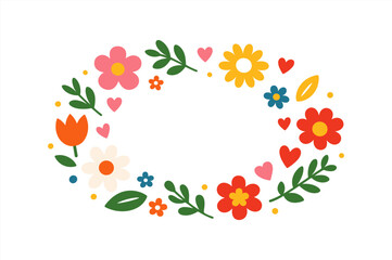 Colorful floral wreath with heart accents on white background