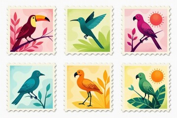 Obraz premium Tropical Birds Vintage Stamp Set: Parrots, Flamingos Illustration