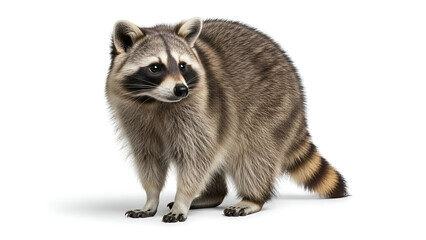 Fototapeta premium Raccoon standing isolated on white background with realistic fur detail, showing North American wildlife, fauna concept, wild animal, and nature.