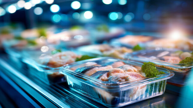 Frozen fish retail packaging display, clear labeling product presentation commercial seafood, visualization consumer goods concept, with copy space