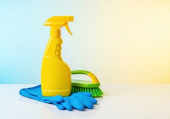 Essential supplies for household sanitation, including disinfectant spray, gloves, and a scrubber, symbolizing a commitment to germ elimination, cleanness, aerosol, professional