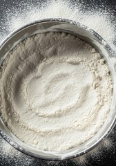 Fine white wheat baking flour heavily dusts the surface of a shallow metal pan, creating a beautiful texture for kitchen preparation, abstract, cooking, macro