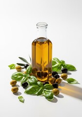Fresh green basil leaves and ripe olives surrounding a clear bottle of premium extra virgin olive oil for Mediterranean cooking, food, healthy, dressing
