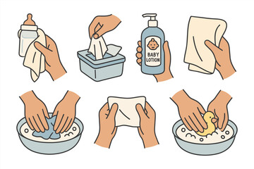 Baby care essentials: washing, wipes, lotion, bottle, and soap routine