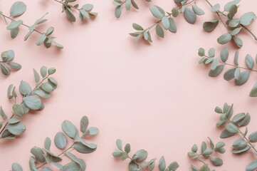 Naklejka premium Eucalyptus leaves on soft pink background with empty space