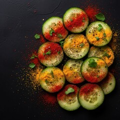 Freshly sliced green cucumbers covered in a vibrant mix of colorful, aromatic spices and seasonings. Perfect for pickling, cooking, or salad preparation, macro, marinade, vegan