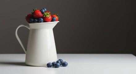 Refreshing white porcelain pitcher brimming with vibrant red strawberries and deep blue blueberries resting on a clean, bright table, snack, raw, summer