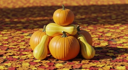 Rustic autumn scene featuring colorful fallen leaves covering the ground near stacked pumpkins and smooth gourds bathed in golden sunlight, brown, fall, stack