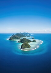 Stunning aerial view capturing a remote tropical archipelago surrounded by deep turquoise and sapphire ocean waters under a clear blue sky, coastline, water, environment