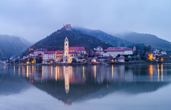Moody Panoramic Blue Hour View of Illuminated Durnstein Village