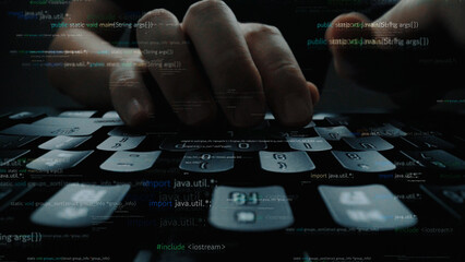 Explore the world of programming with this dynamic image showcasing hands actively typing on a keyboard against a backdrop of flowing code and data, symbolizing innovation. Xenic