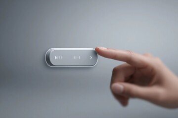 Finger touches a media control button on a gray surface