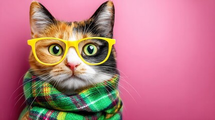 a orange and white calico short hair cat wearing glasses, blowing bubble gum, against a solid orange background. 