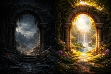 Naklejka premium A stone archway shows a dark rocky path to mountains on one side and a bright nature scene with a waterfall on the other.