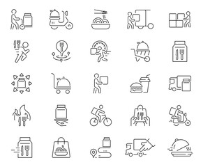 Fototapeta premium Food delivery icons set. editable line icons, outline, courier and logistics symbols