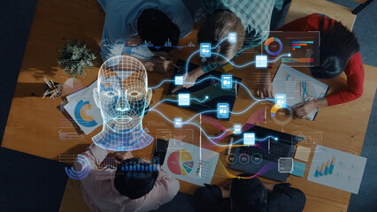 A diverse group of professionals collaborates in a tech-driven workspace, analyzing data and exploring machine learning applications illustrated by a digital interface. Trope