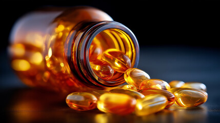 Fish oil nutritional supplement label, close-up omega values pharmaceutical information, visualization product details display, with copy space