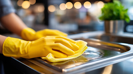 Worker cleaning stainless steel display, seafood processing equipment hygiene protocol, food safety visualization, sanitation procedure concept, with copy space