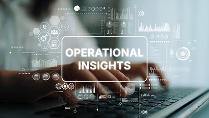 Hands Typing on Keyboard with Operational Insights Graphic Overlay and Digital Data Analysis...