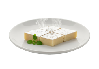 vanilla cheesecake bars on white plate with mint garnish