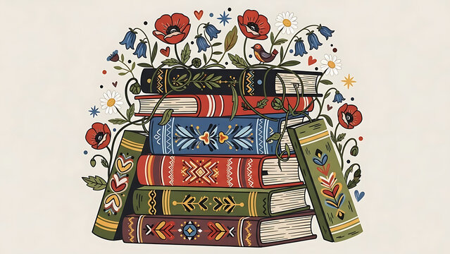 Stack of colorful books with floral patterns and birds isolated on a transparent background