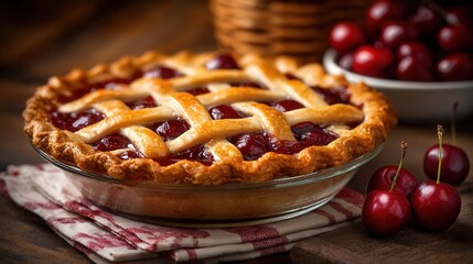 cherry pie on a table with fresh cherries