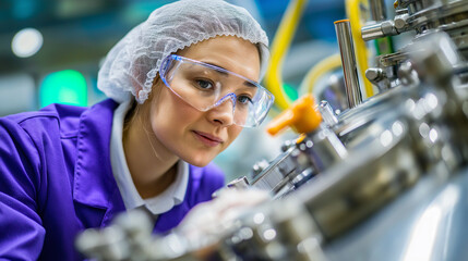 Cannery worker closing mechanical clamps, retort pressure vessel food sterilization, visualization industrial processing display, with copy space