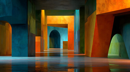 Minimalist Abstract Archway Interior with Vivid Color and Geometric Composition