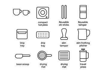 Travel mesh drying tiny stir home coffee press drip cups icon vector