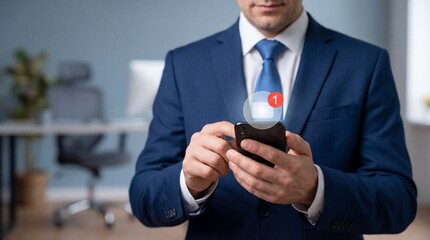 Professional businessman in blue suit holding smartphone with notification icon during office work break