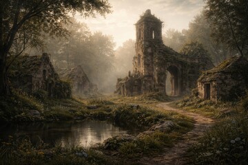 Fototapeta premium Old structures stand in a forest with thick vegetation and a small pond reflecting the morning light. Nature covers remnants of past life.