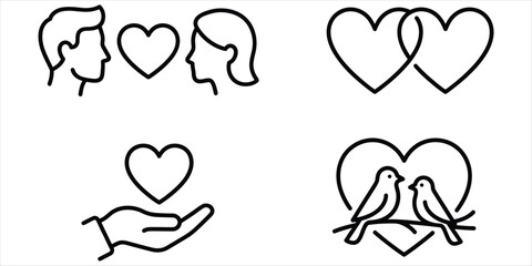 Fototapeta premium Minimalist line art icons of couples, hearts, and birds on a white background Keywords: love, romance, couple, man, woman