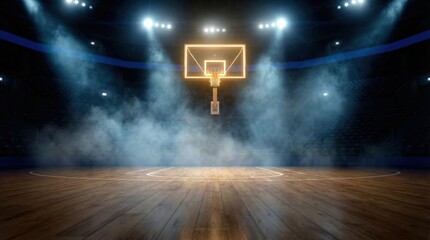 Naklejka premium Empty basketball court with glowing hoop and dramatic smoke effects under stadium lights