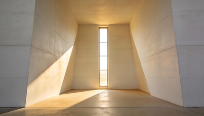 Abstract minimalist interior with angled walls and tall narrow window casting warm sunlight geometric modern architecture background with clean empty room and soft shadows