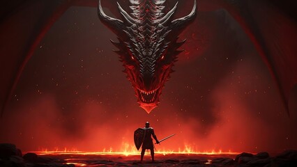 Epic confrontation A brave knight stands ready to face a colossal, fire-breathing dragon in a dramatic, infernal battle scene