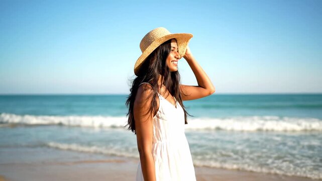 A woman wearing a hat and white dress enjoys the ocean view on a sunny beach.