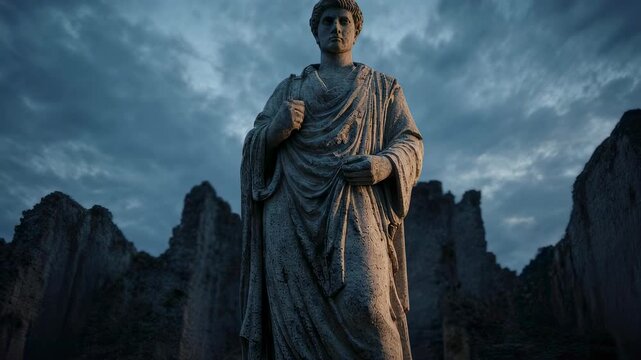 Statue of an ancient roman figure, standing tall with a dramatic cloudy sky background 