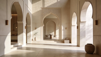 Luxurious minimalist atrium with carved archway and columns soft sunlight and patterned shadows contemporary islamic inspired architecture with seating and natural stone floor