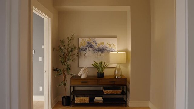 Cinematic open-plan home interior, slow pan walkthrough, real estate