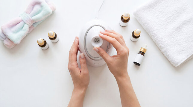 Woman using electric face steamer with skincare products on white surface
