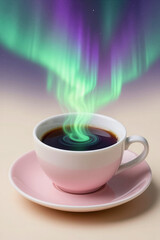 Teacup containing miniature aurora borealis with glowing lights. Celestial phenomenon served as beverage, cosmic wonder in delicate porcelain vessel.