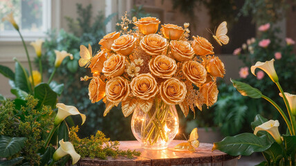 A stunning bouquet of golden roses elegantly arranged on a table with surrounding greenery