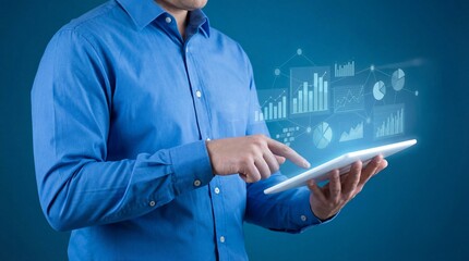 Professional man in blue shirt using digital tablet with futuristic data analytics and email marketing hologram display