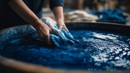 Dyeing Fabric in a Blue Basin under Natural Light