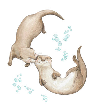 Watercolor composition card with pair cute otters swimming and kissing animals under water for Valentine's Day isolated of white background. Hand drawn illustration sketch