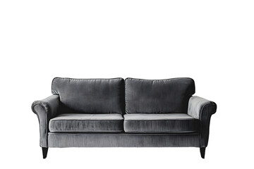 Obraz premium soft empty grey sofa stands on white isolated background comfortable fabric couch is alone against the background of white wall