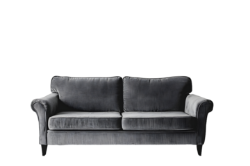 soft empty grey sofa stands on white isolated background comfortable fabric couch is alone against the background of white wall