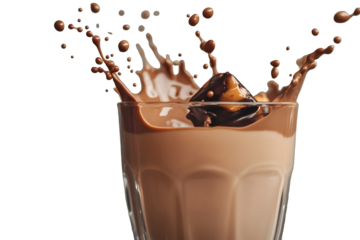 chocolate milk or milk tea splashing out of glass isolated on white with clipping path